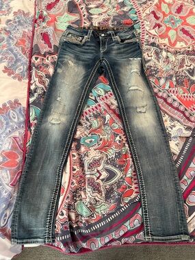 Rock Revival Women's Distressed Boot Cut Jeans in Dark Blue Wash